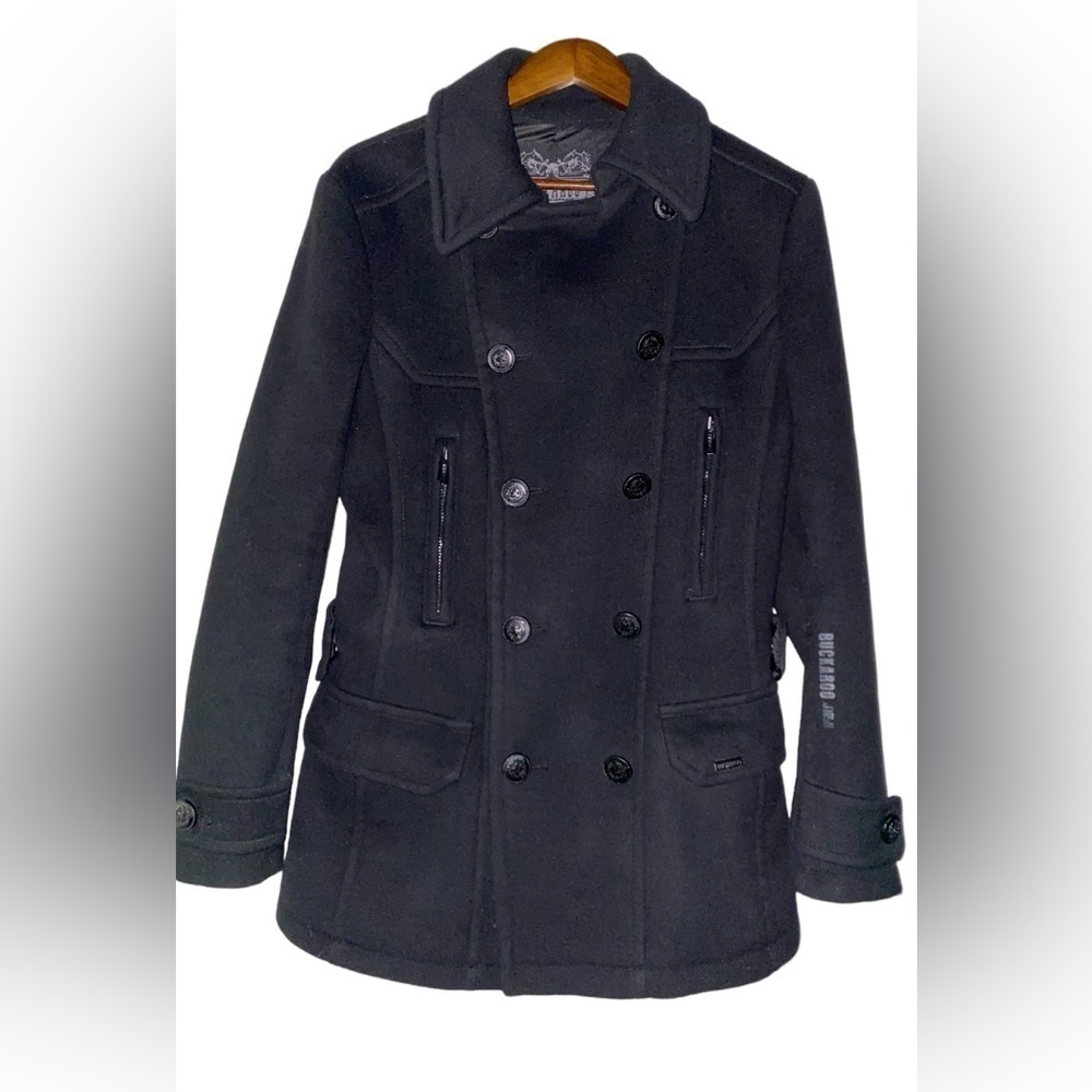 Vintage Buckaroo Modern J1950 Wool Black Pea Coat Eight Button Men L Cowboy